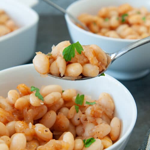 Big spoonful of baked beans over a bowlful of beans.