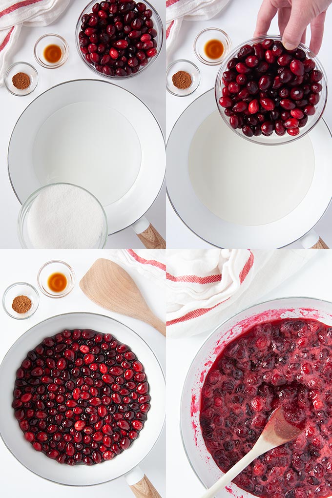 Four images of step by step instructions of how to make cranberry sauce.