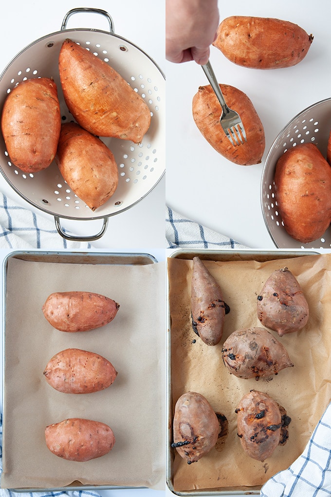 All of the steps needed to make baked sweet potatoes
