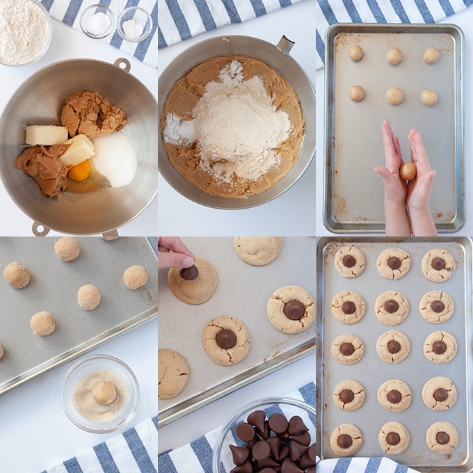 All of the steps to make peanut blossom cookies 