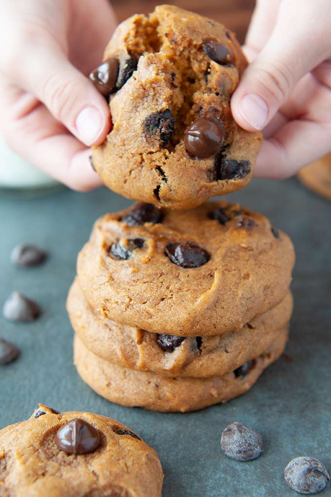 Hands breaking apart a moist pumpkin chocolate chip cookie over a stack of cookies