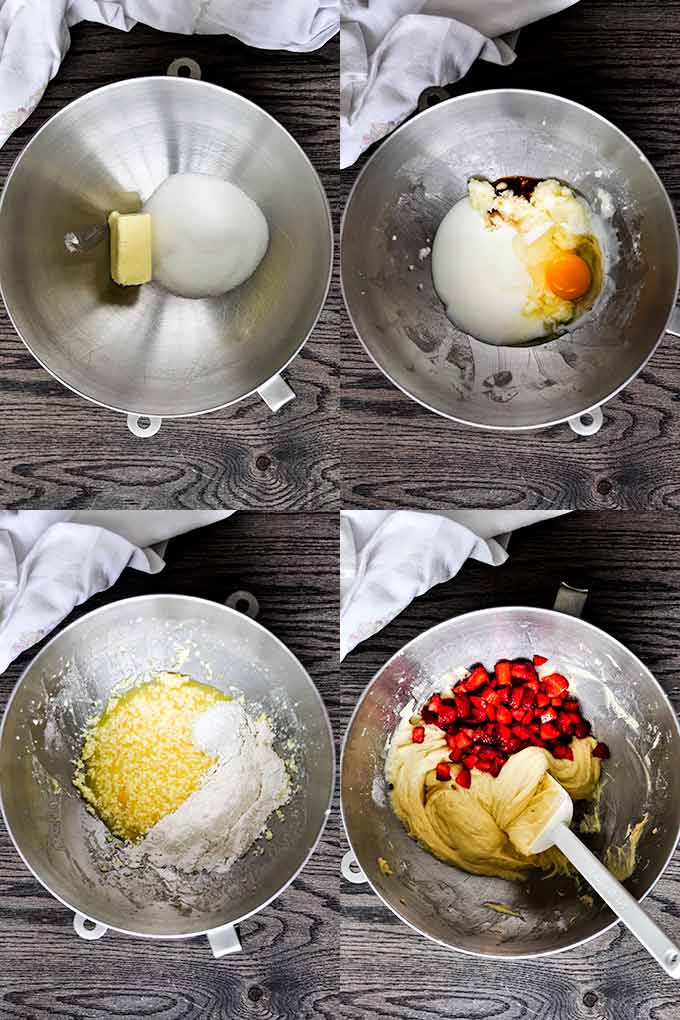 All of the steps needed to make strawberry muffins.