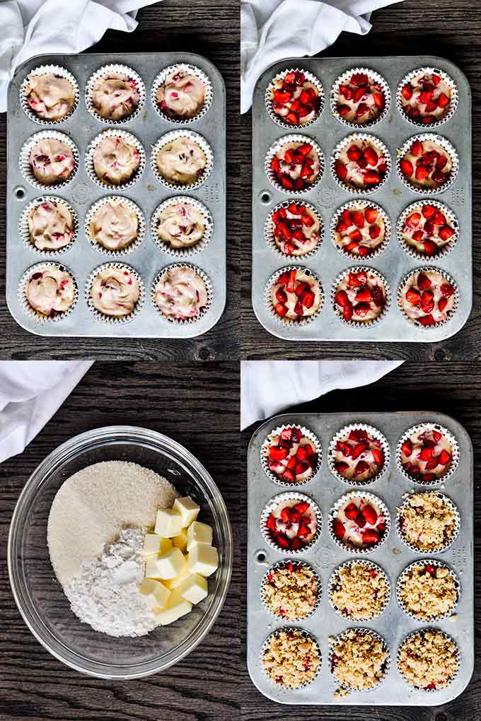 All of the steps needed to make crumb topping for strawberry muffins.