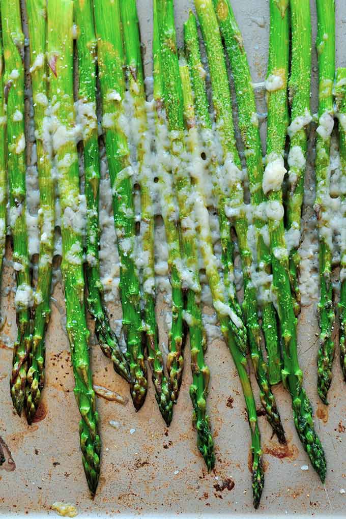 A baking tray with roasted asparagus that is all lined up but are pointed down and covered in parmesan cheese.
