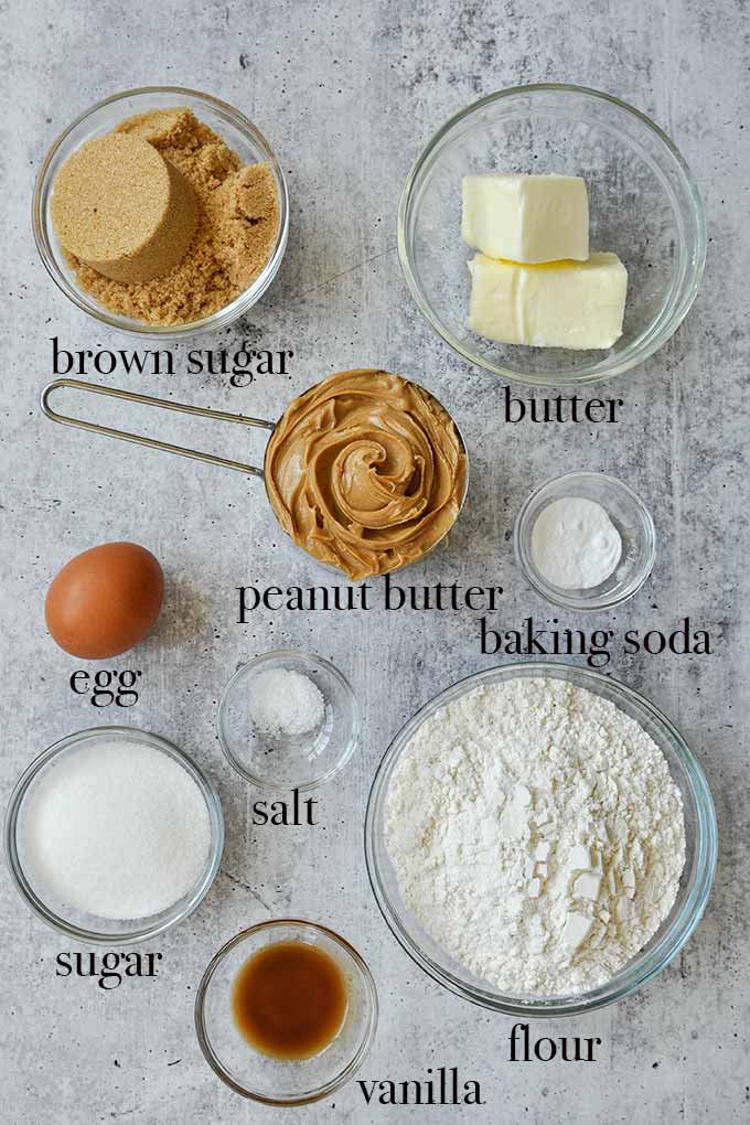 All of the ingredients to make peanut butter cookies.