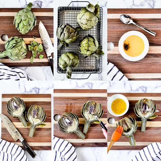 All of the steps needed to make grilled artichokes.