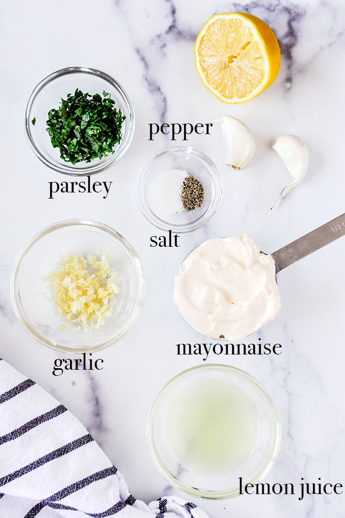 All of the ingredients needed to make the lemon aioli.