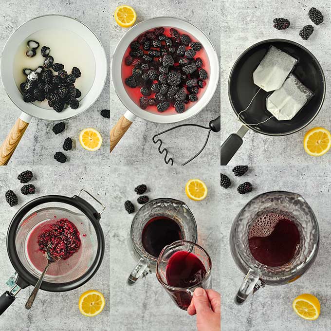 All of the steps to follow to make blackberry iced tea.