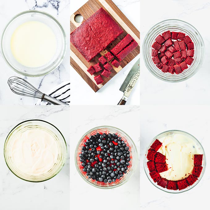 All of the steps needed to make red velvet trifle