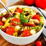 A bowl of spicy pasta salad topped with basil leaves, sun-dried tomatoes, fresh tomatoes, pepper flakes, and pepperoncinis.