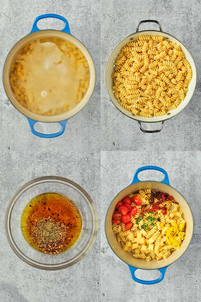 All of the steps needed to make pasta salad.