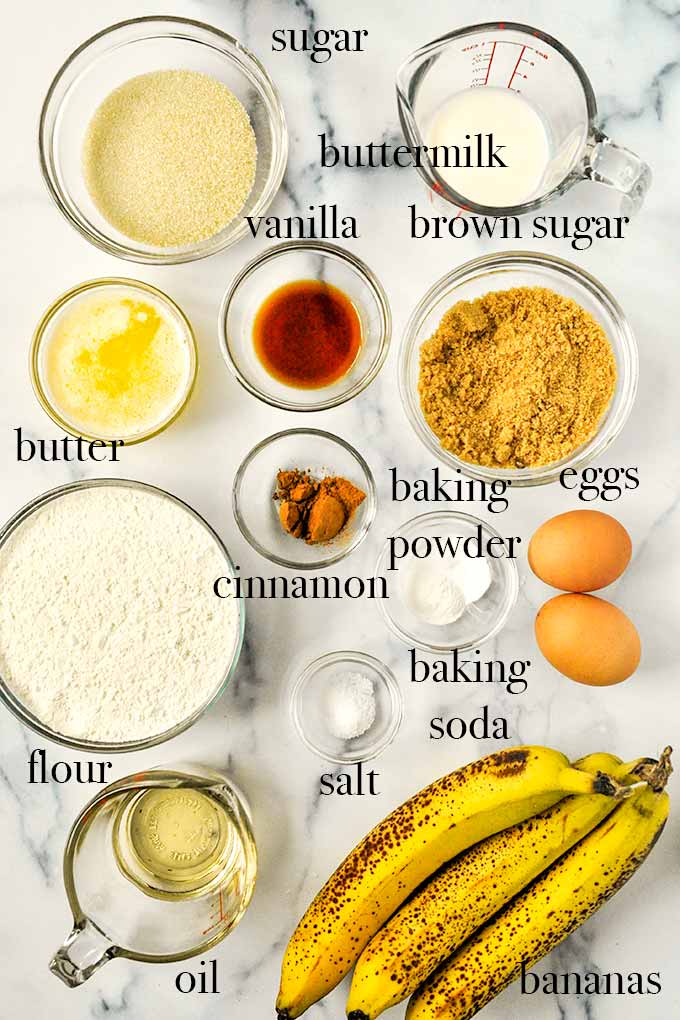 All of the ingredients needed to make mini banana muffins like brown sugar, buttermilk, bananas, and vanilla.