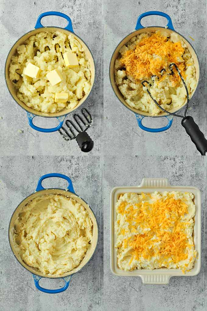 Add in the butter and all the rest of ingredients.  Blend or mash the potatoes together.  Put into baking dish, top with cheese and bake.