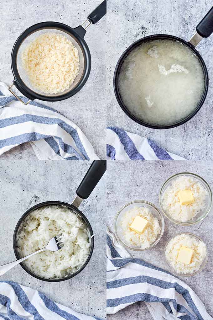 All of the steps needed to make lemon butter rice.