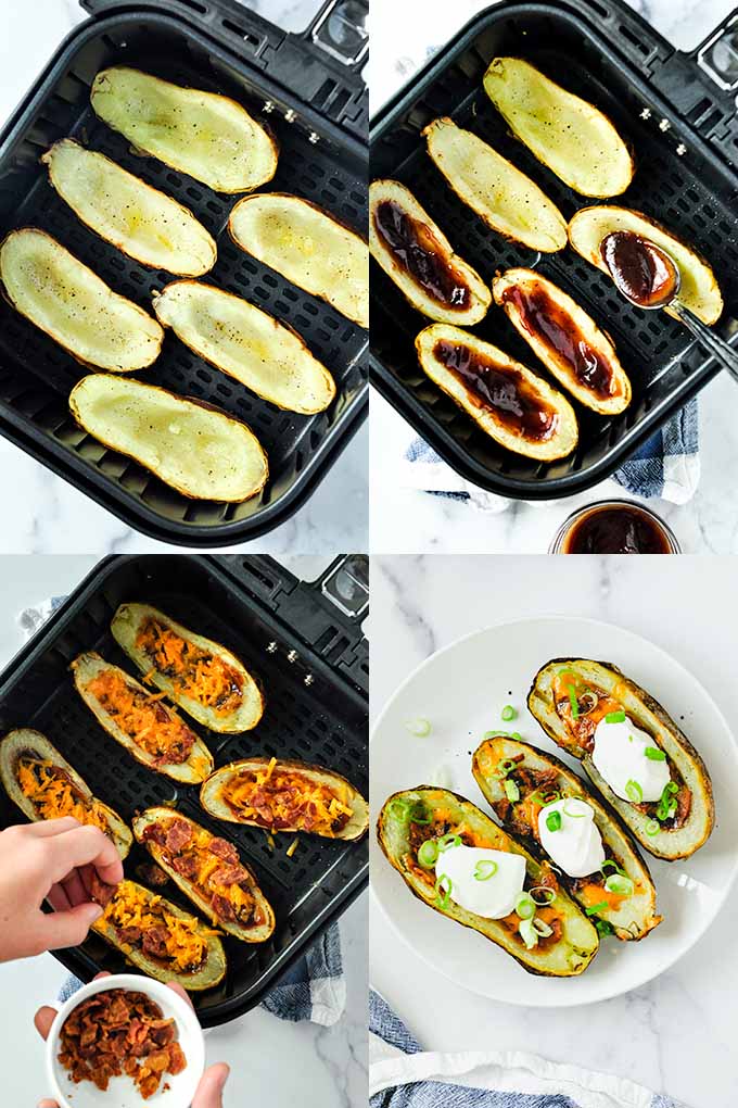 The other half of the steps to make air fryer potato skins including placing the potatoes into air fryer basket, topping with bbq sauce, cheese and bacon and air frying.  