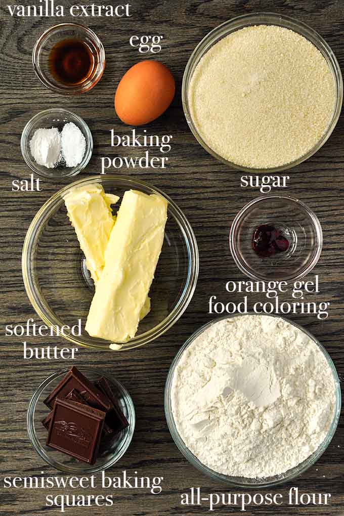 All of the ingredients needed to make Halloween candy corn cookies.