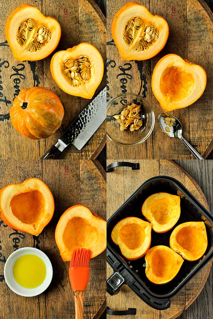 All of the steps needed to make air fryer acorn squash.