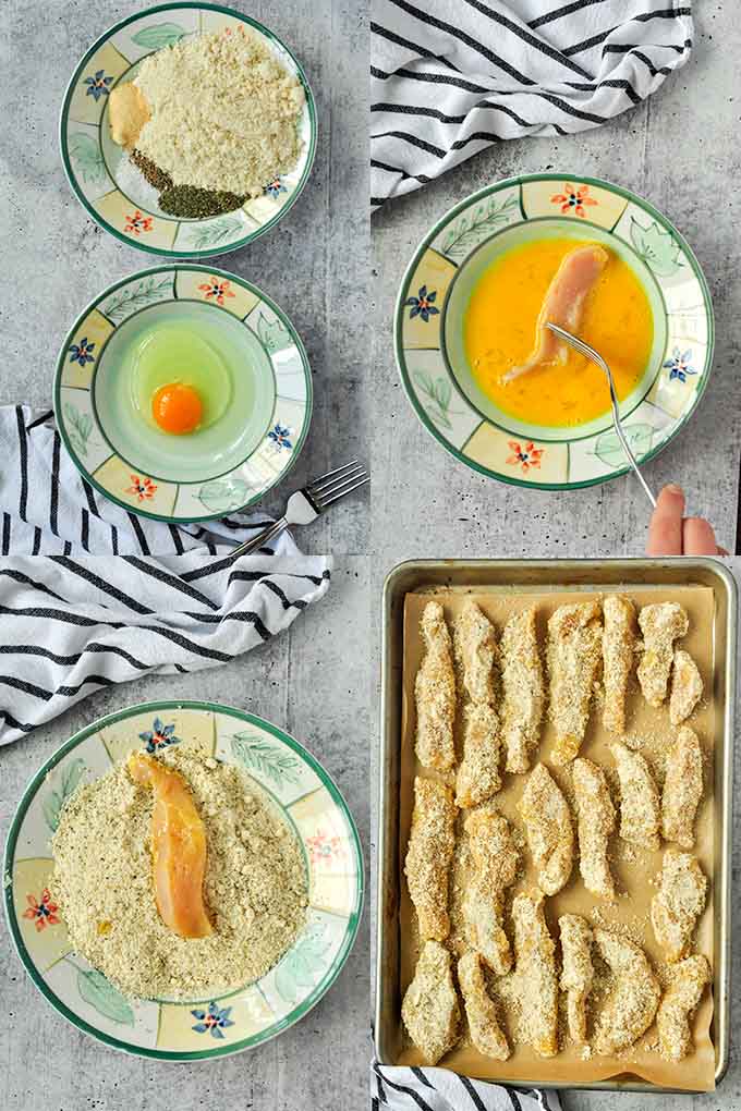 All of the steps needed to make almond flour chicken tenders such as mixing the almond flour with spices, beating the egg, dipping chicken strip into egg mixture then almond flour and putting onto a baking sheet.