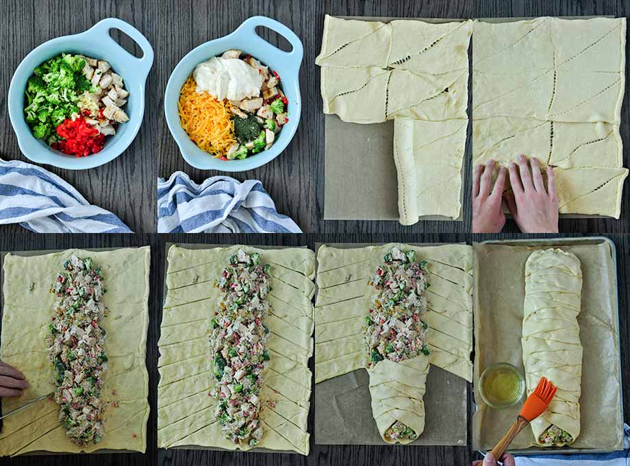All of the steps needed to make pampered chef chicken broccoli braid.