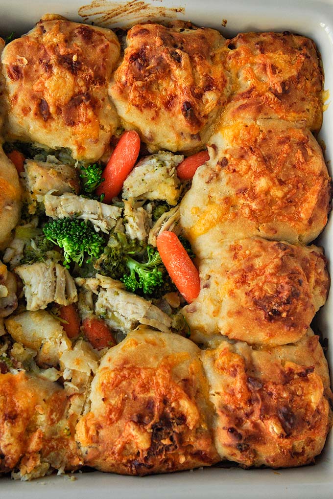 Above close up of bisquick turkey pot pie with cheddar biscuit crust.