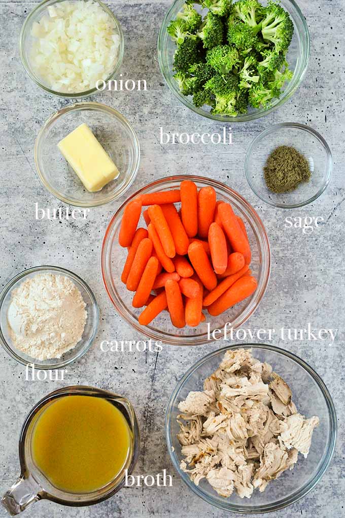 All of the ingredients needed to make turkey pot pie.