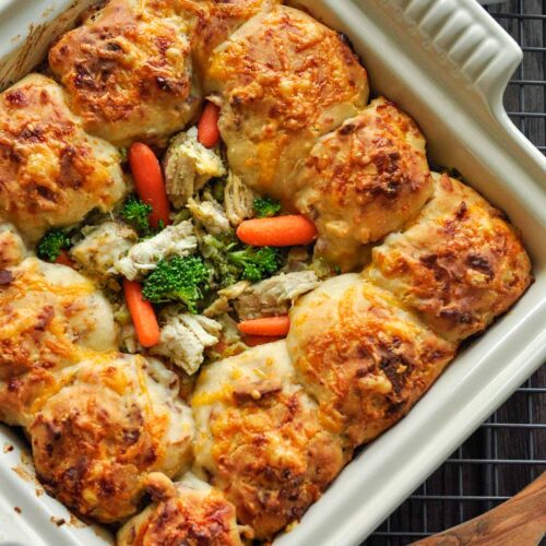 An above view of bisquick turkey pot pie with biscuit topping.