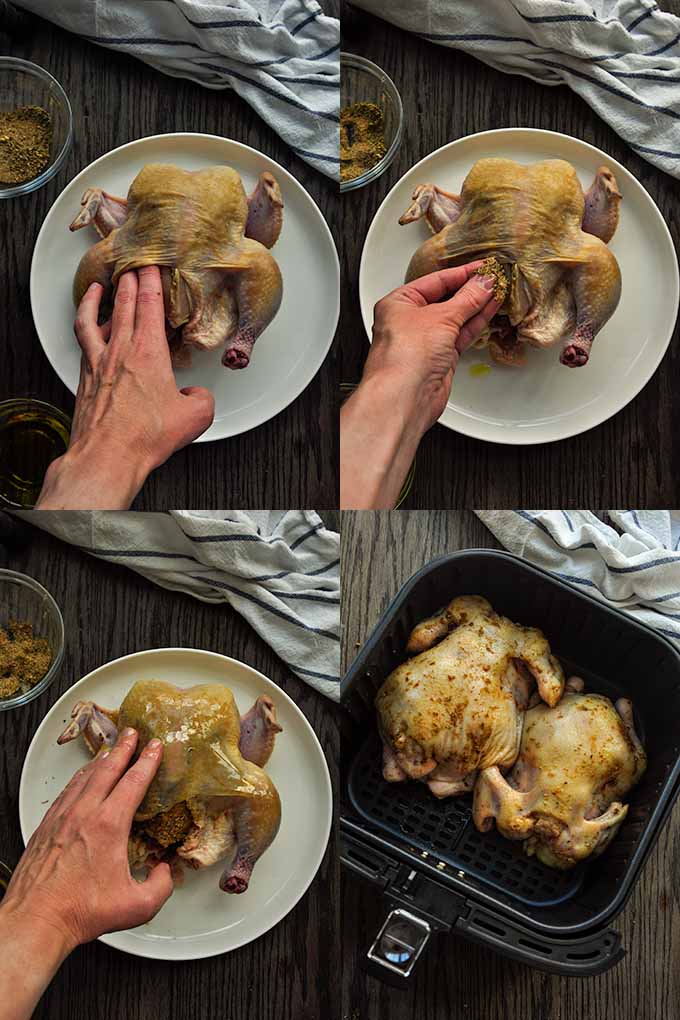 Step by step instructions of how to cook cornish hen in air fryer.