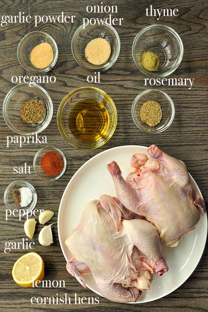 All of the ingredients needed to cook cornish hen in air fryer.