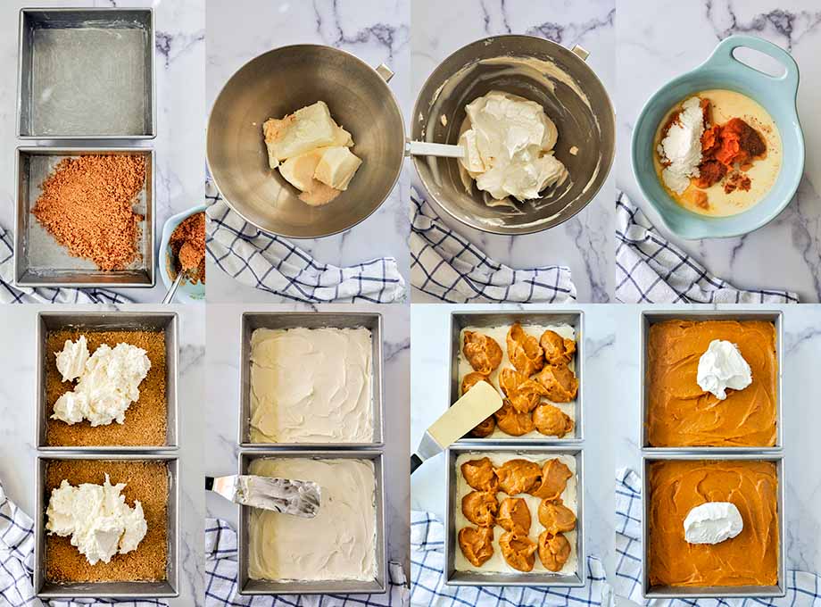 All of the steps needed to make no bake pumpkin cheesecake.