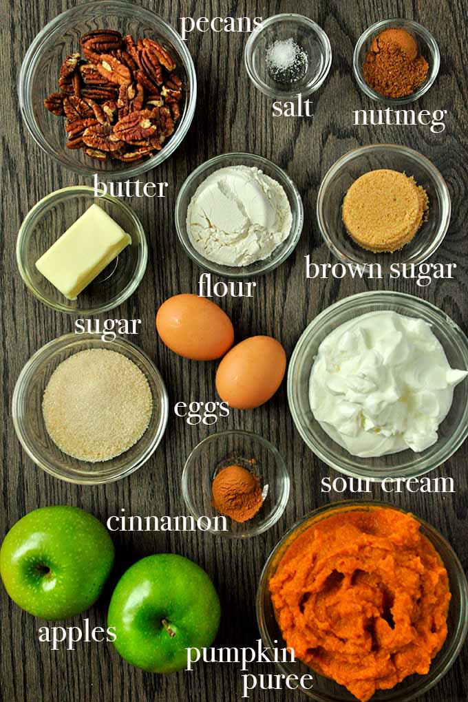 All of the ingredients needed to make Apple Pumpkin Pie.