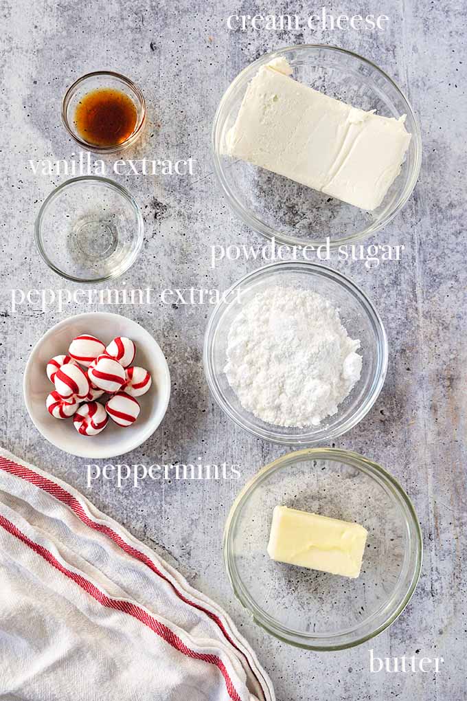 All of the ingredients needed to make peppermint frosting.