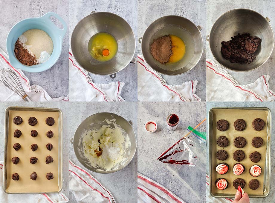All of the steps needed to make frosted peppermint brownie cookies.