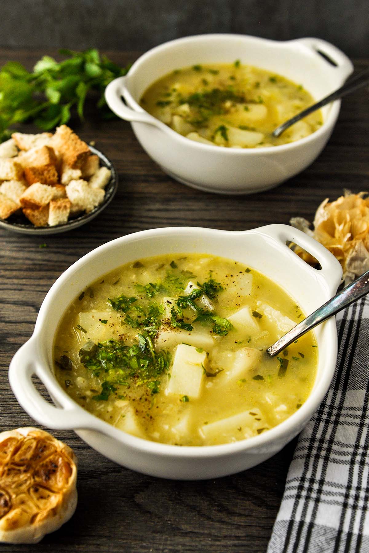 Roasted Garlic Potato Soup (Česnečka Hangover Soup) - Home Cooked Harvest