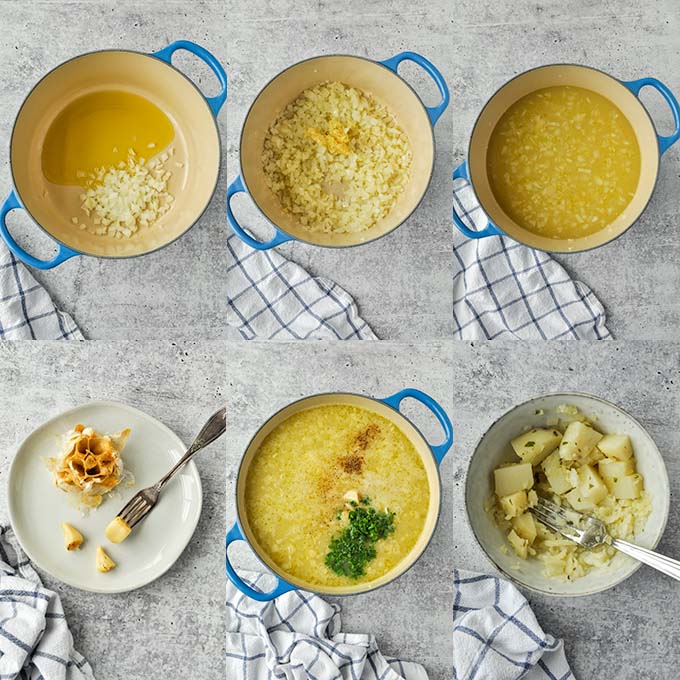 Step by step instructions on making potato garlic soup.