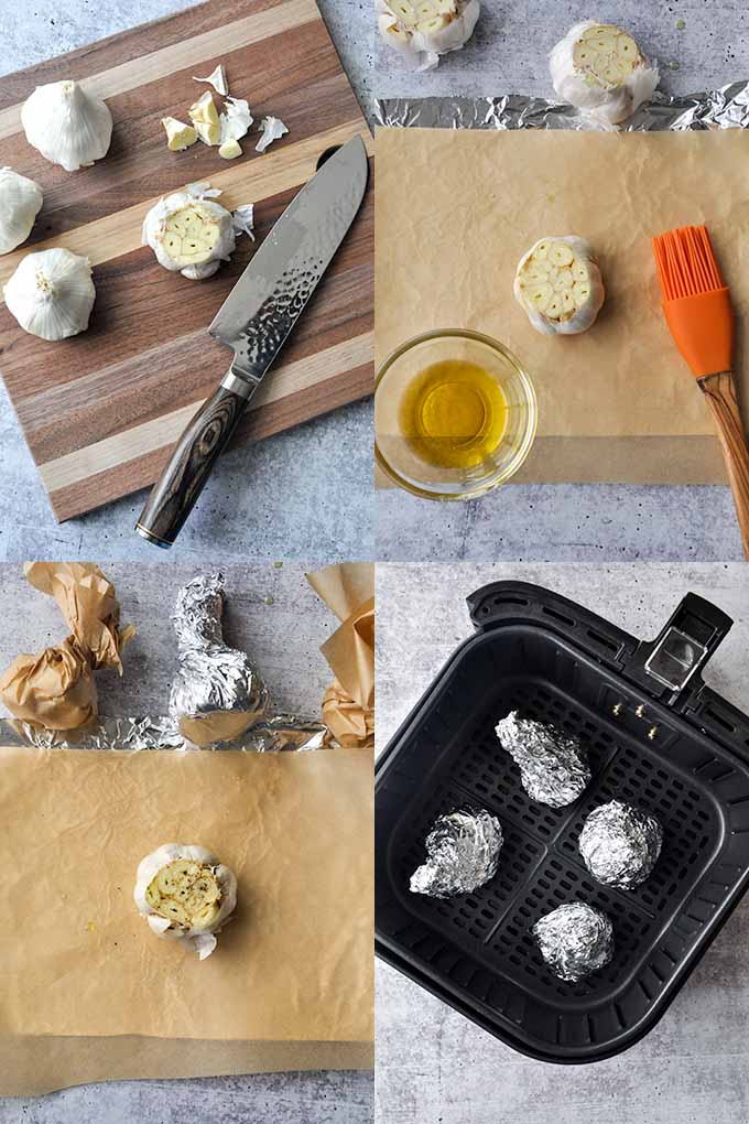 Step by step instructions of how to make air fried roasted garlic.