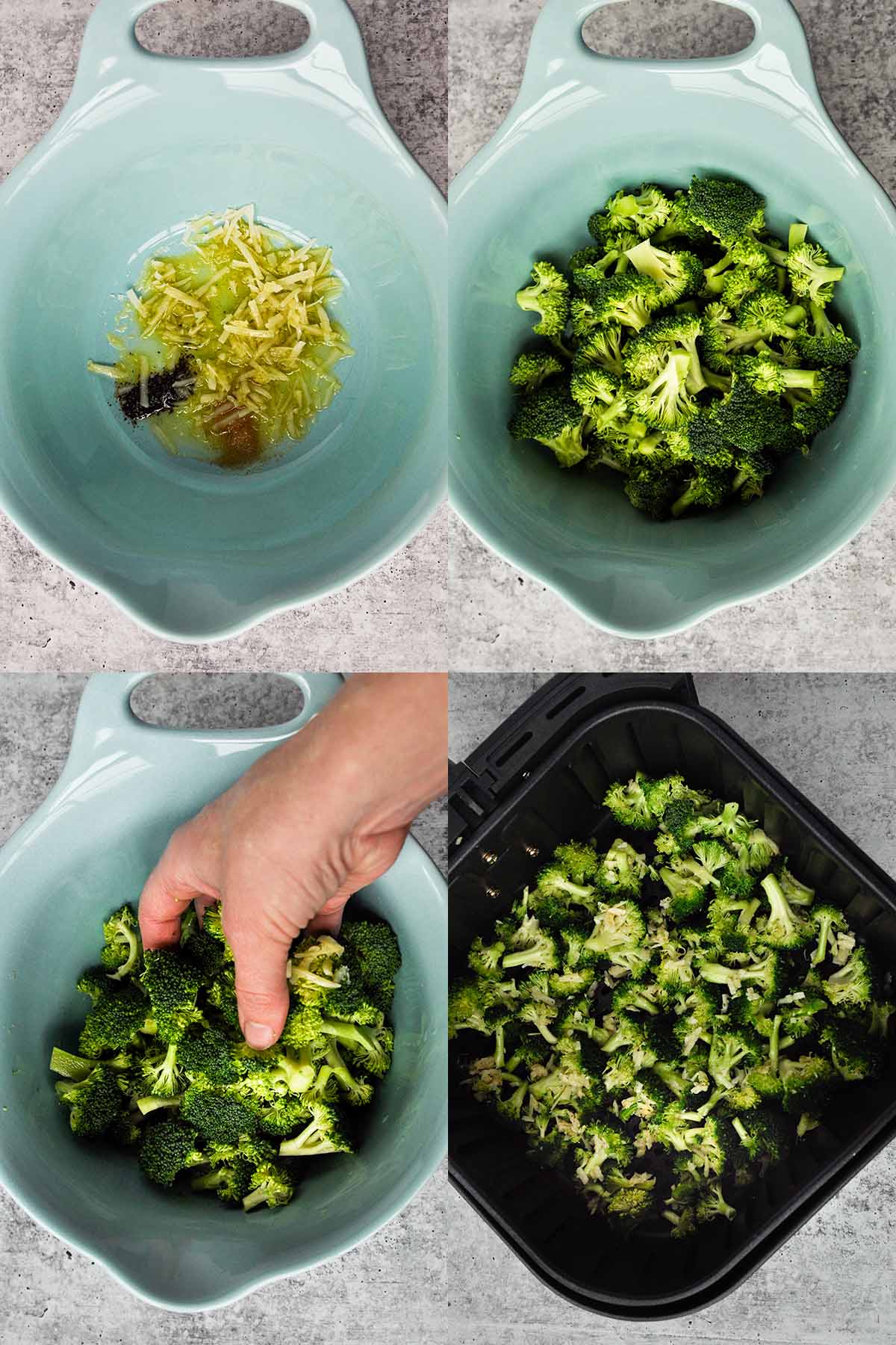 Step by step instructions to make air fryer broccoli Parmesan. 