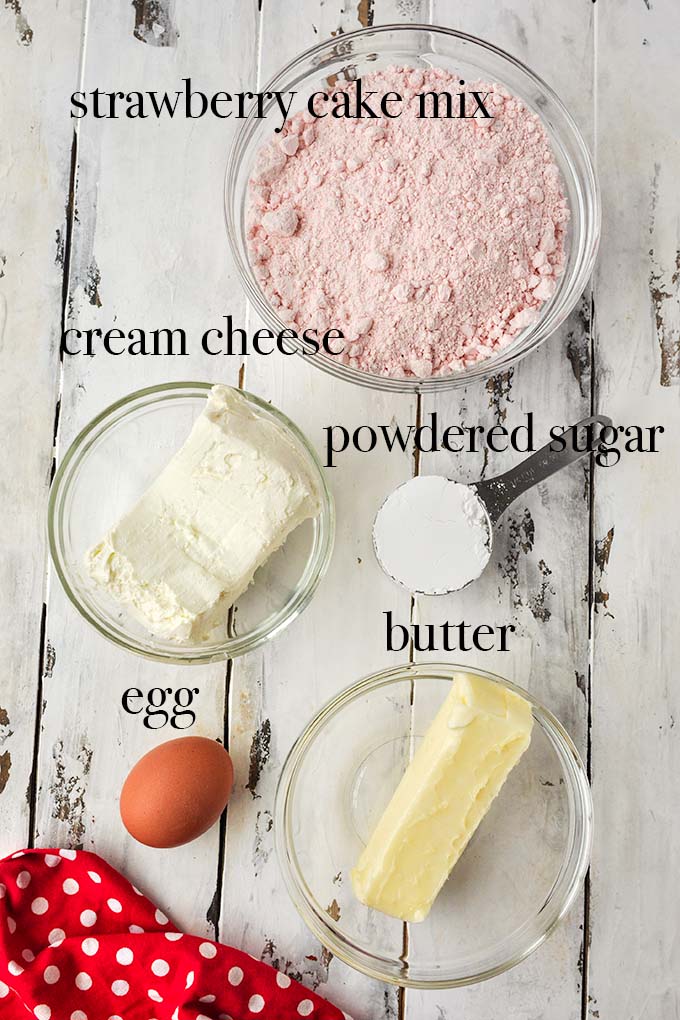 All of the ingredients to make gooey butter cookies.