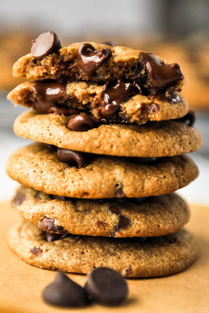 Up close of a stack of Baileys Irish cream chocolate chip cookies.