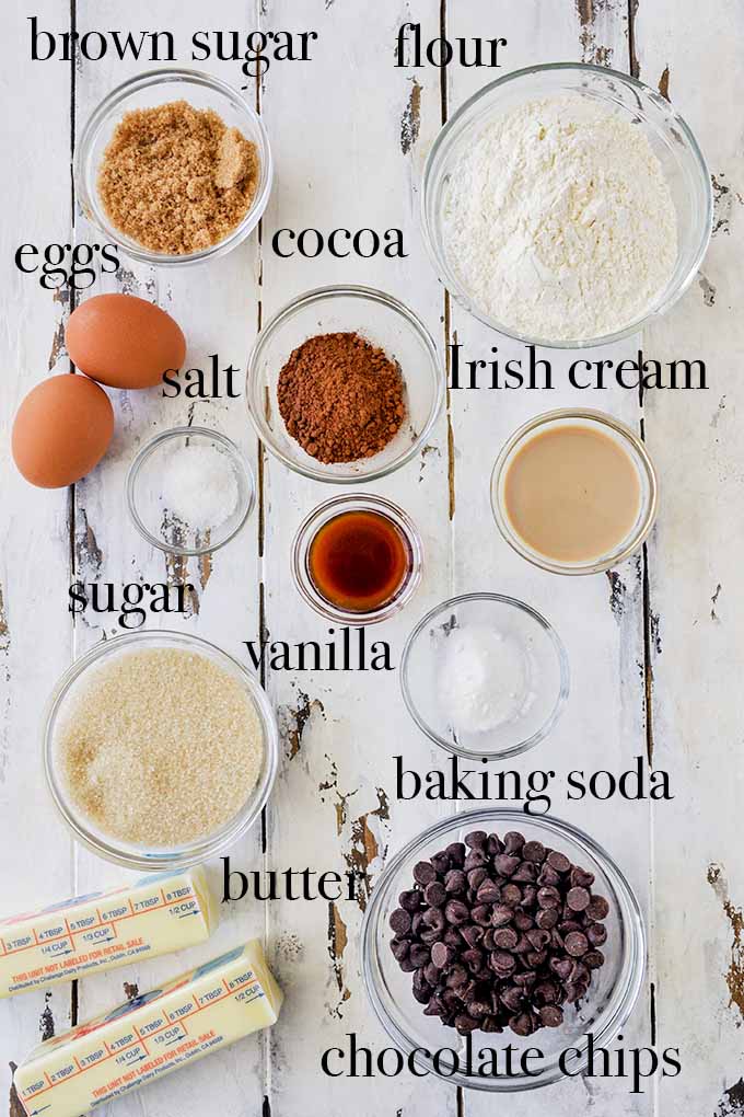 All of the ingredients needed to make Irish cream cookies.