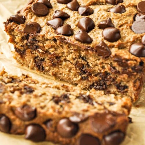 Up close of 4 ingredient banana bread with a slice cut off.