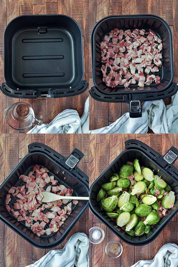 All of the steps necessary to make air fryer Brussels sprouts.