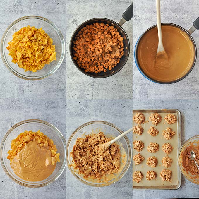 Step by step instructions to make no bake butterscotch cornflake cookies.