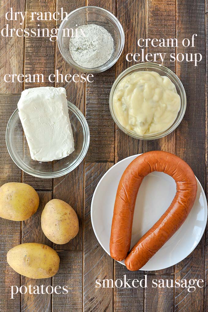 All of the ingredients to make crock pot sausage and potatoes.