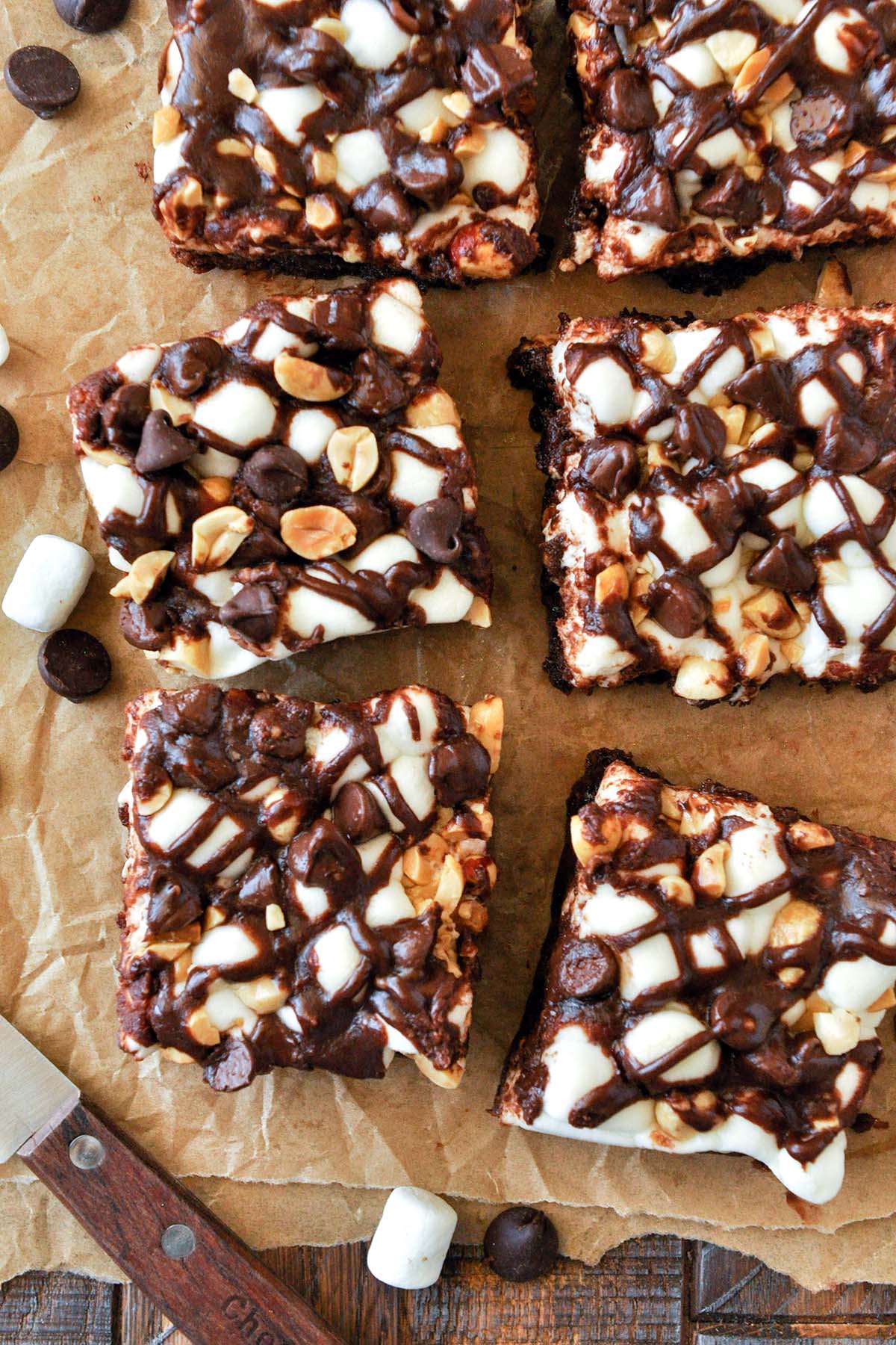 Above view of rocky road brownies cut into squares.