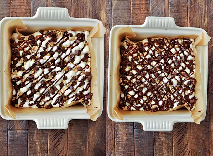 Step by step instructions on how to make chocolate drizzle for the top of the rocky road brownies.