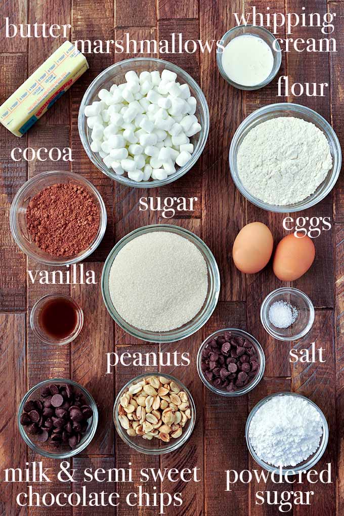 All of the ingredients needed to make rocky road brownies.