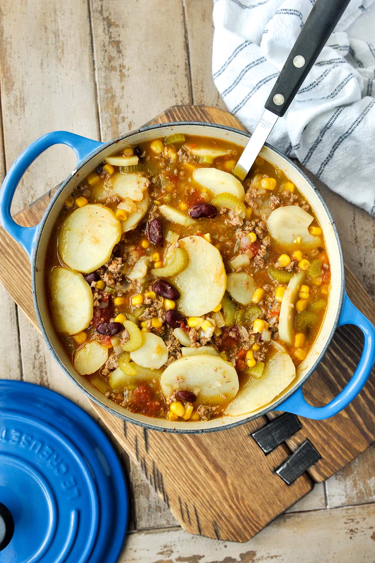 Above view of shipwreck stew in a pot.