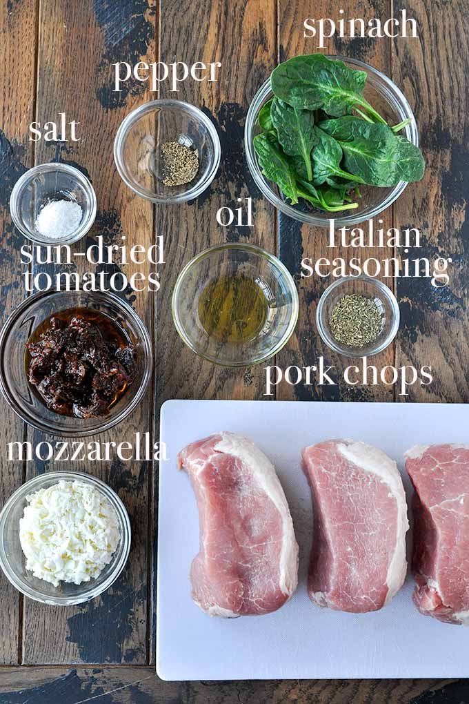 All of the ingredients needed to make stuffed pork chops in air fryer.