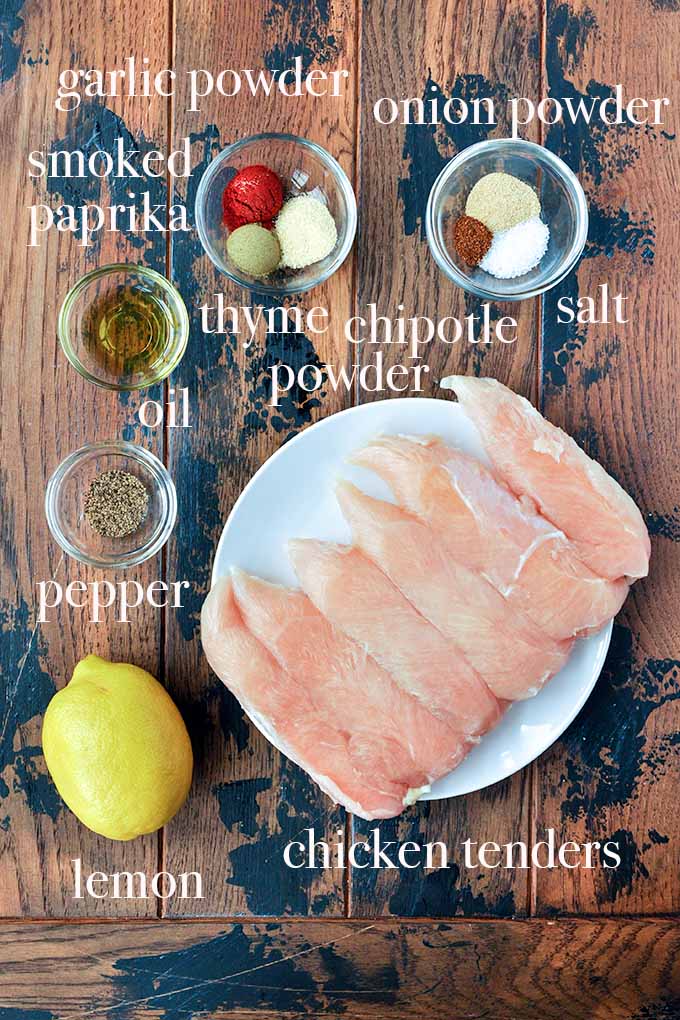 All of the ingredients needed to make frozen chicken tenders in the air fryer.