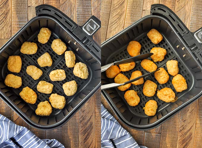 Step by Step instructions of how to make frozen Mac and cheese bites in an air fryer.